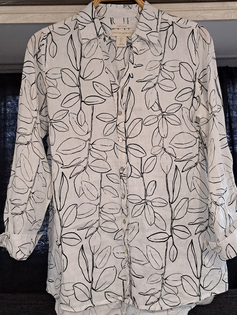 Cynthia Rowley White Linen Shirt with Black Leaf Sketch Print